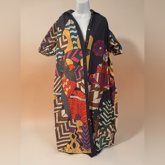 Carolina K- Valerie Pleated Kaftan Vibrant Multicolor Midi Dress Size Small - Picture 6 of 8